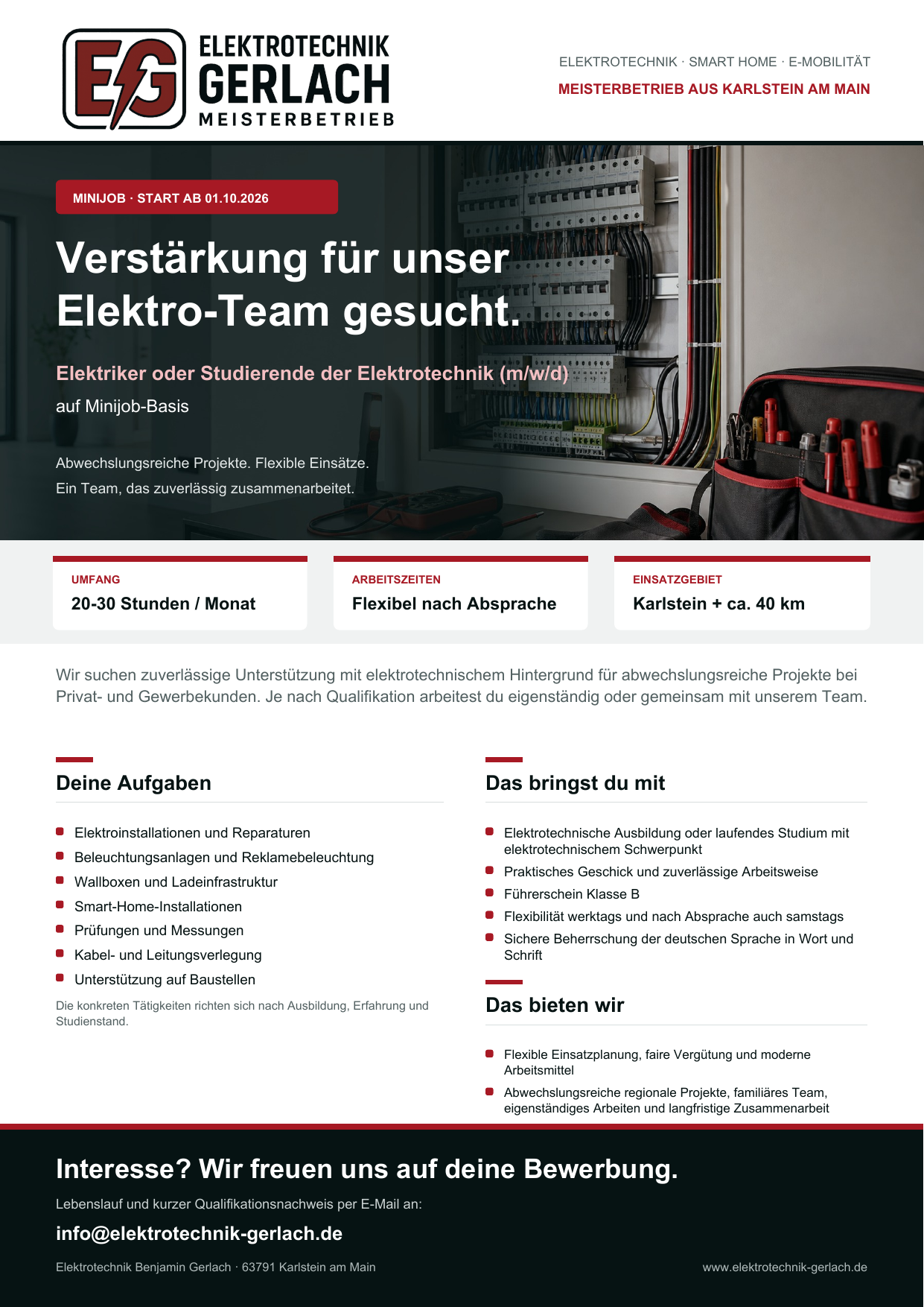 Stellenanzeige: Minijob bei Elektrotechnik Benjamin Gerlach. Alle Details stehen auch in der verlinkten PDF.