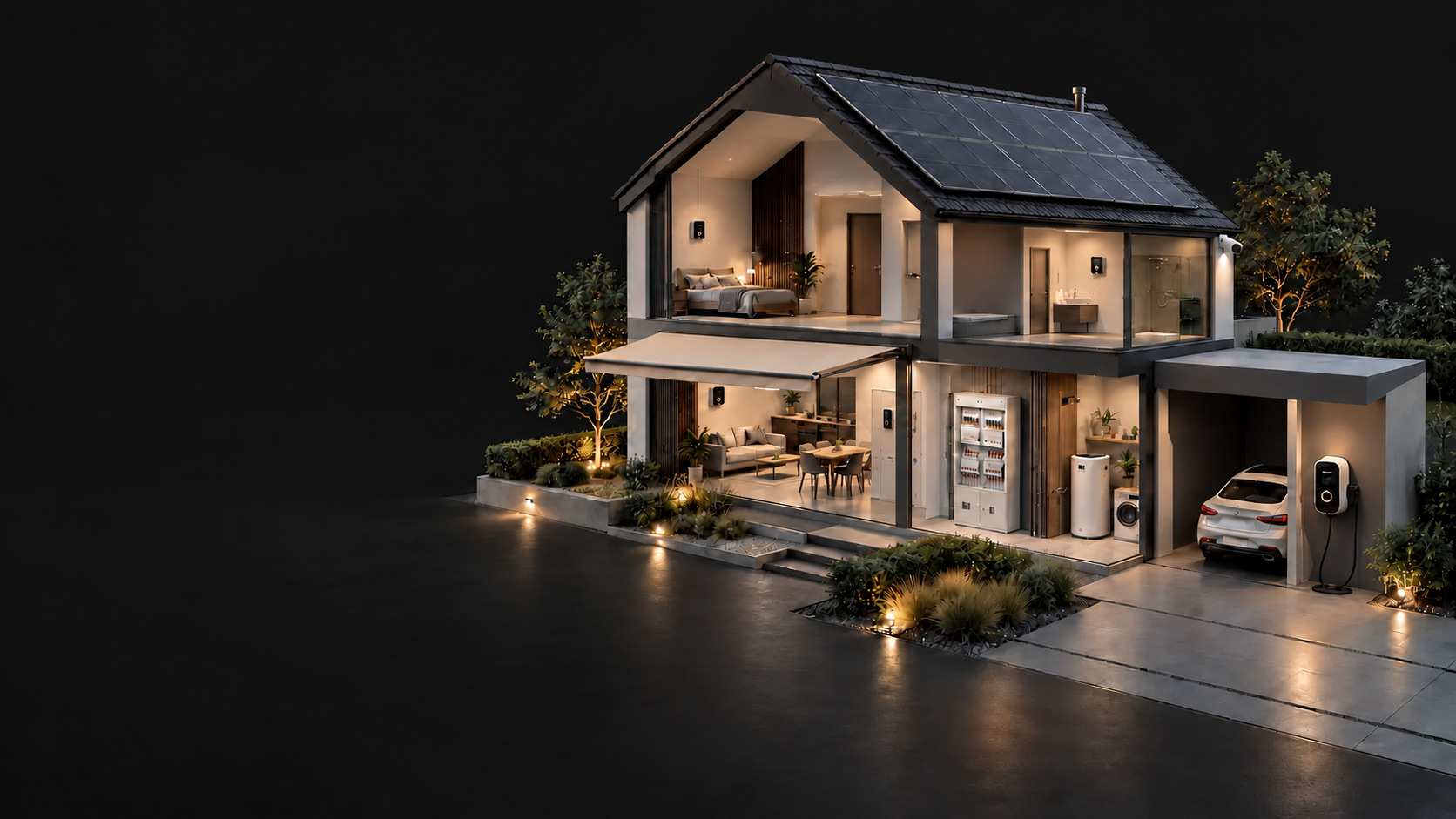 Illustratives Schnittmodell eines Hauses mit Solardach, Wohnräumen, Elektroverteilung, Wallbox, Außenkamera, ausgefahrener Markise und Video-Sprechanlage an der Haustür bei den vorderen Eingangsstufen