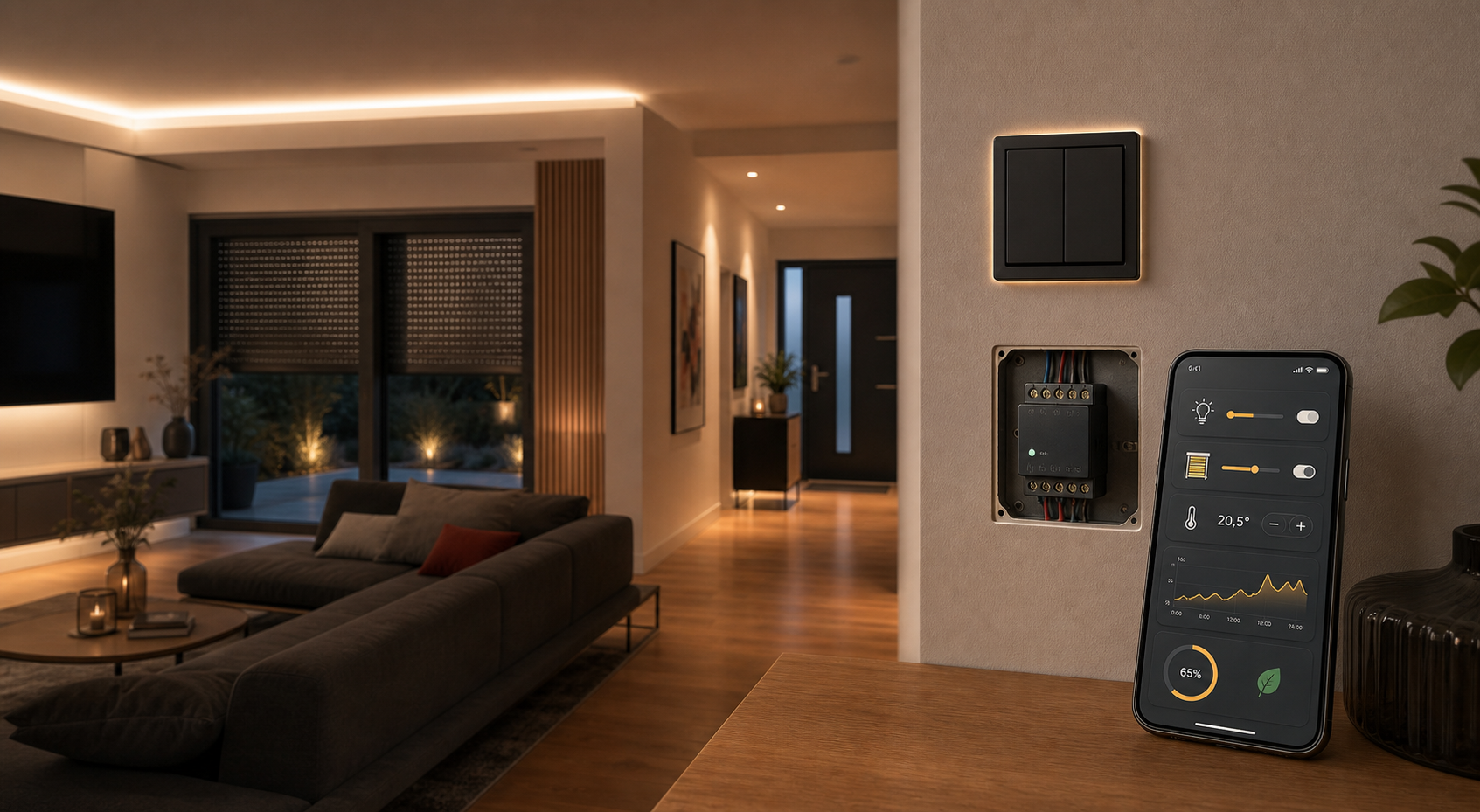 Symbolbild für Smart Home mit App-Steuerung, Licht, Rollläden und Unterputzmodul